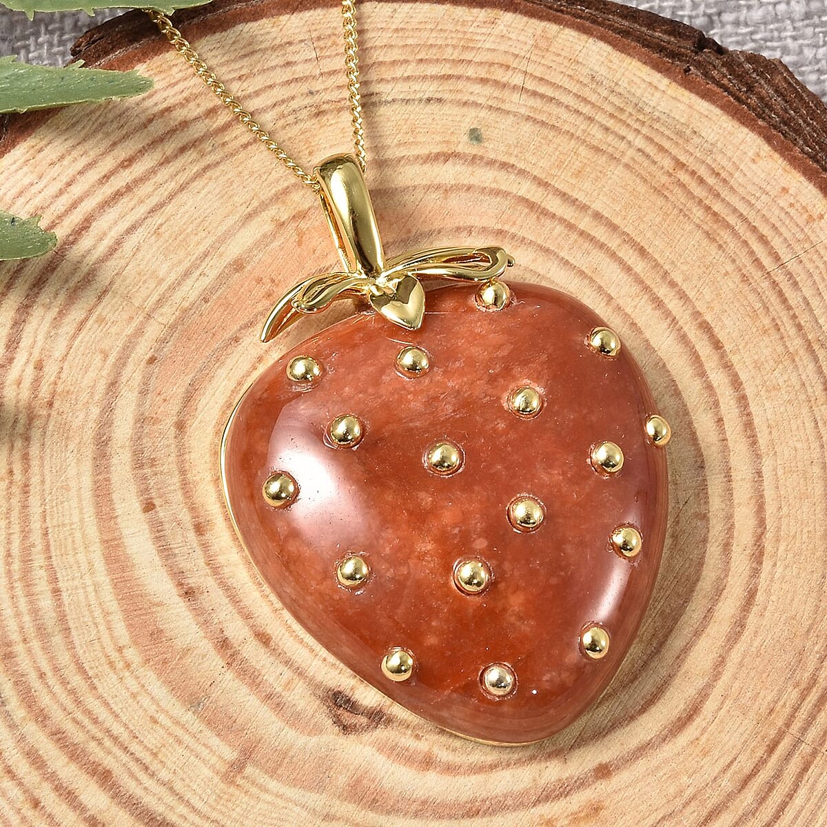 Red Jade (D) Strawberry Pendant Necklace 18 Inches in Vermeil Yellow Gold Over Sterling Silver 39.00 ctw image number 1