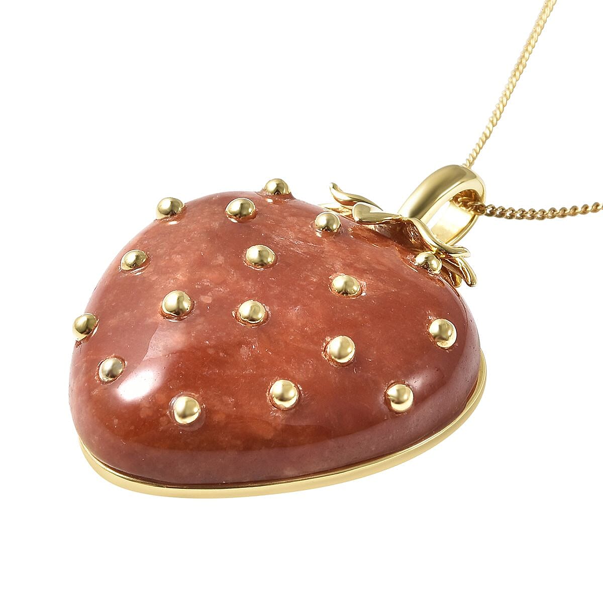 Red Jade (D) Strawberry Pendant Necklace 18 Inches in Vermeil Yellow Gold Over Sterling Silver 39.00 ctw image number 3