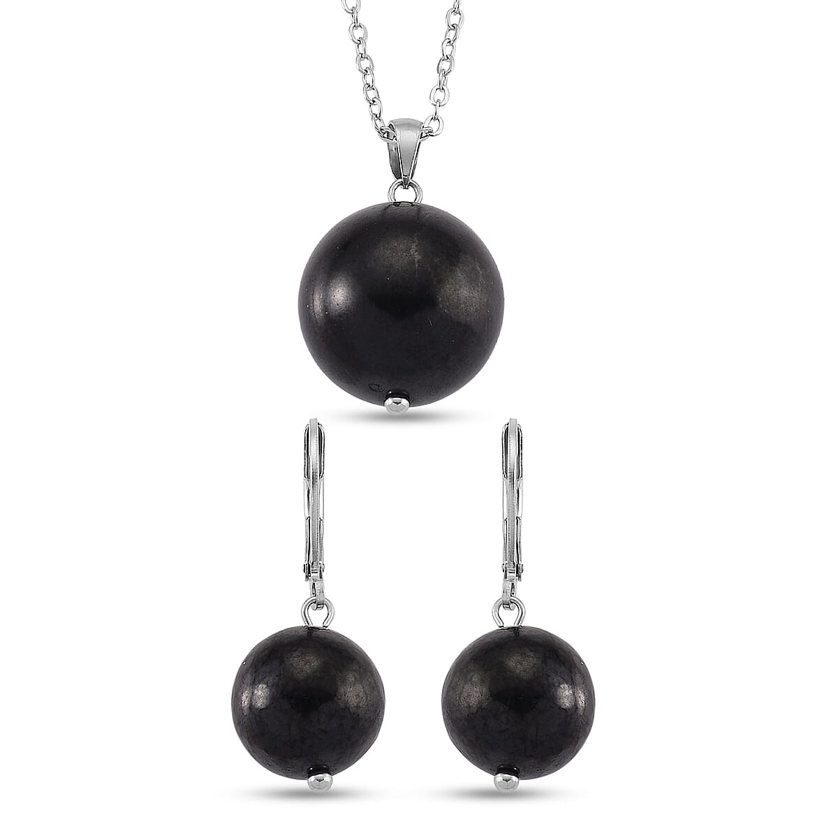 Shungite 47.00 ctw Lever Back Earrings and Pendant without Chain in Stainless Steel image number 0