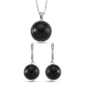 Shungite 47.00 ctw Lever Back Earrings and Pendant without Chain in Stainless Steel