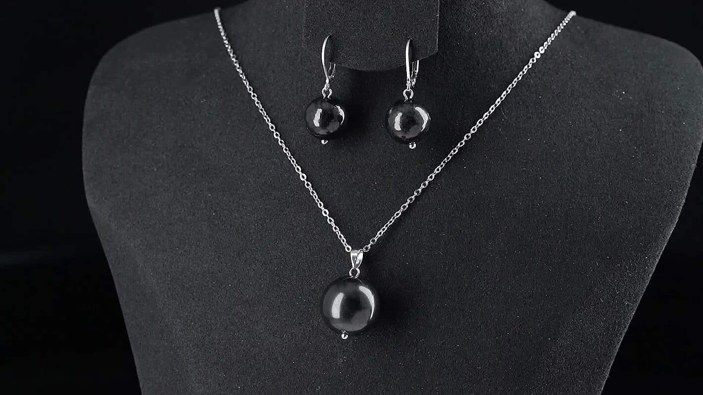Shungite 47.00 ctw Lever Back Earrings and Pendant without Chain in Stainless Steel