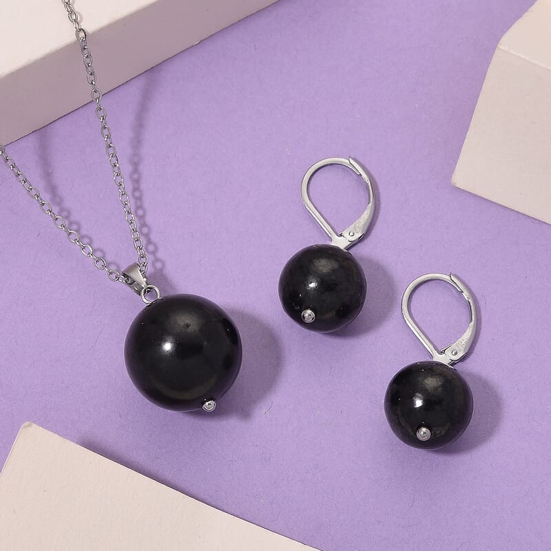 Shungite 47.00 ctw Lever Back Earrings and Pendant without Chain in Stainless Steel
