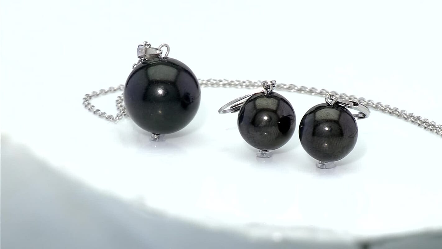 Shungite 47.00 ctw Lever Back Earrings and Pendant without Chain in Stainless Steel