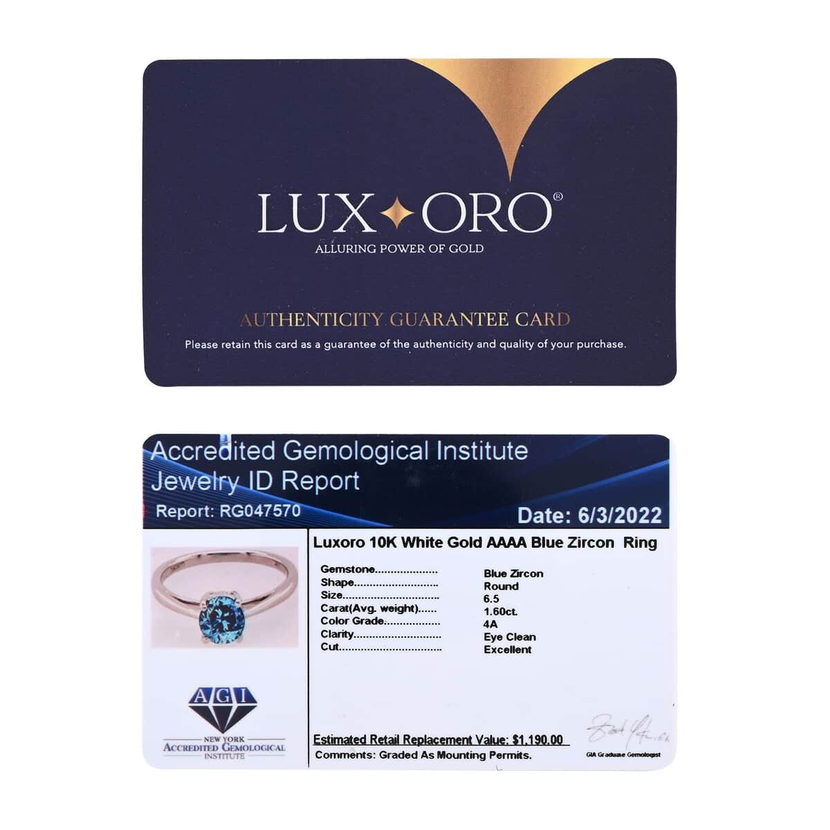 Certified LUXORO 10K White Gold AAAA Blue Zircon Solitaire Ring 1.60 ctw image number 6