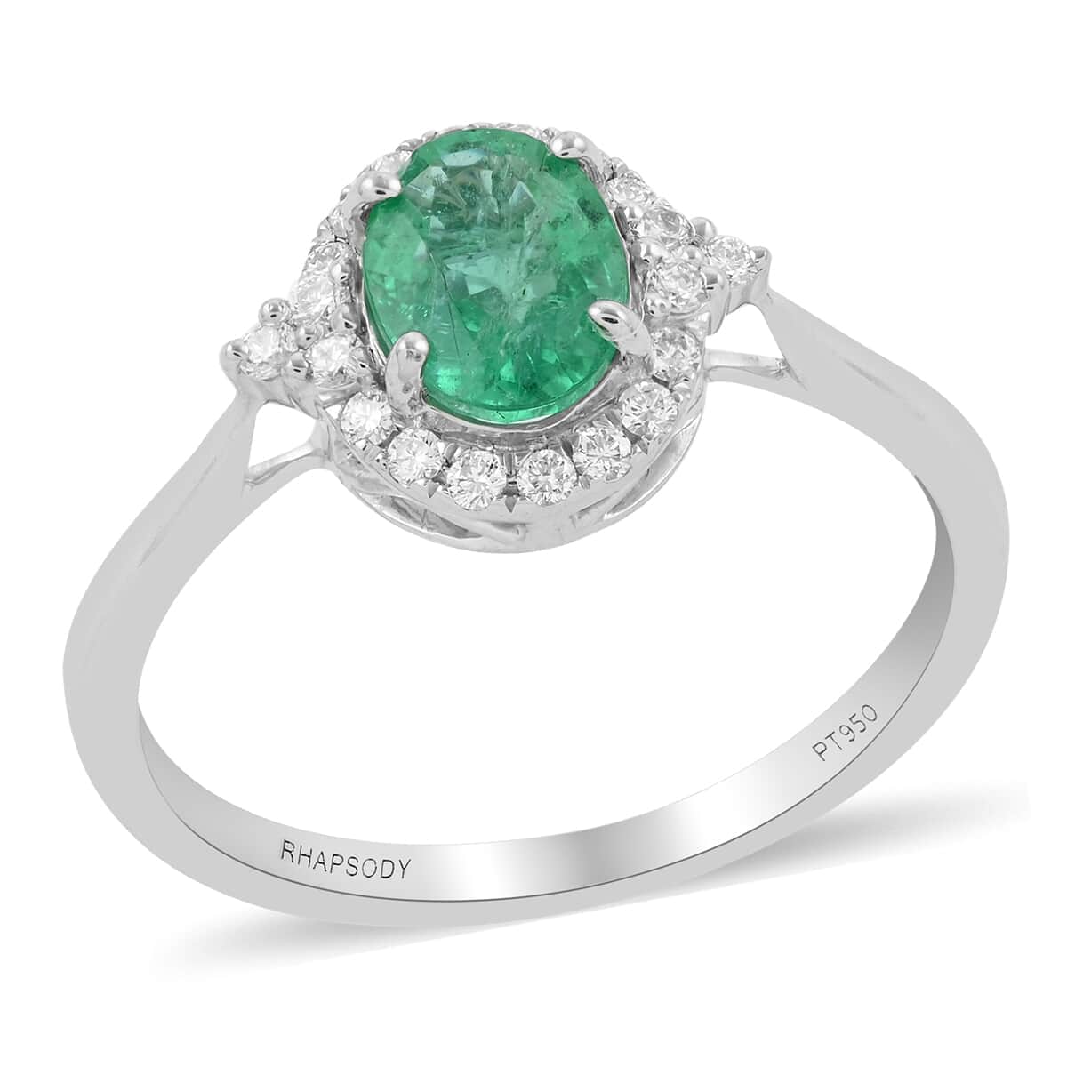 RHAPSODY 950 Platinum AAAA Ethiopian Emerald, Diamond (E-F, VS) (0.28 cts) Halo Ring (5.90 g) 1.50 ctw image number 0