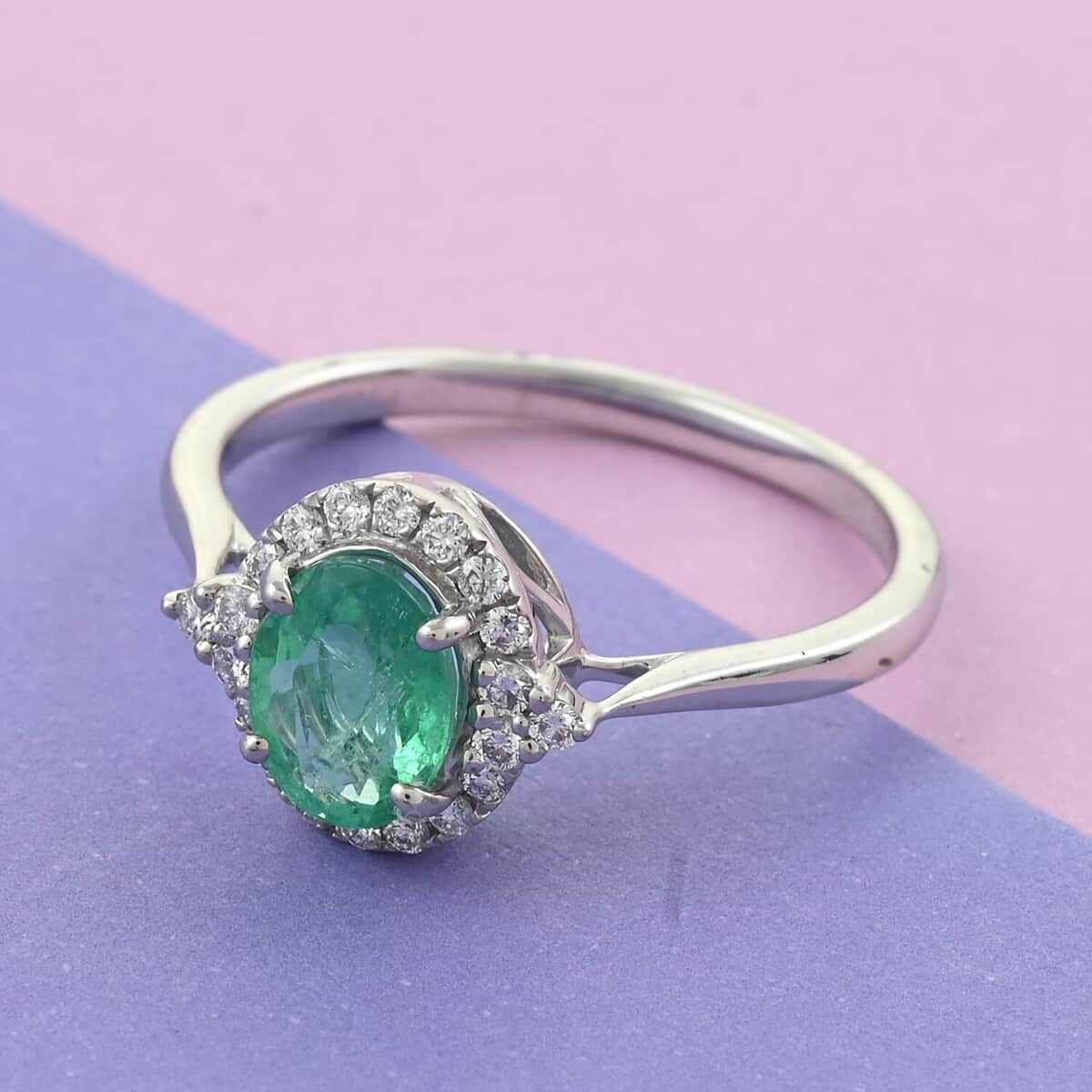 RHAPSODY 950 Platinum AAAA Ethiopian Emerald, Diamond (E-F, VS) (0.28 cts) Halo Ring (5.90 g) 1.50 ctw image number 1