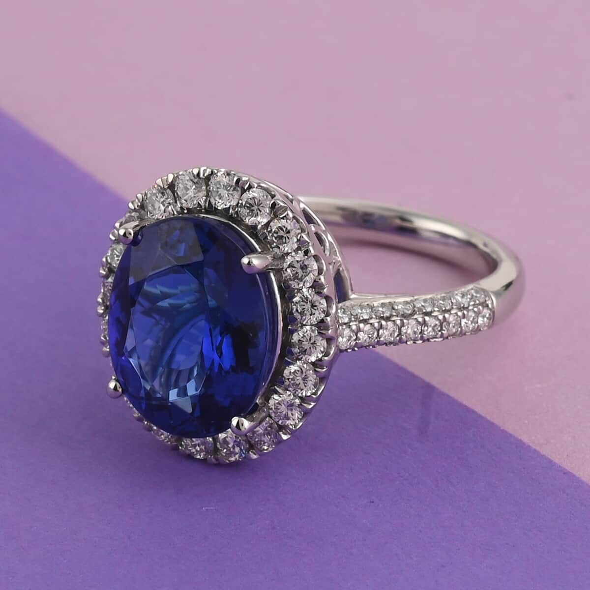 RHAPSODY 950 Platinum AAAA Tanzanite and E-F VS Diamond Halo Ring (Size 7.0) 8.50 Grams 6.30 ctw image number 1