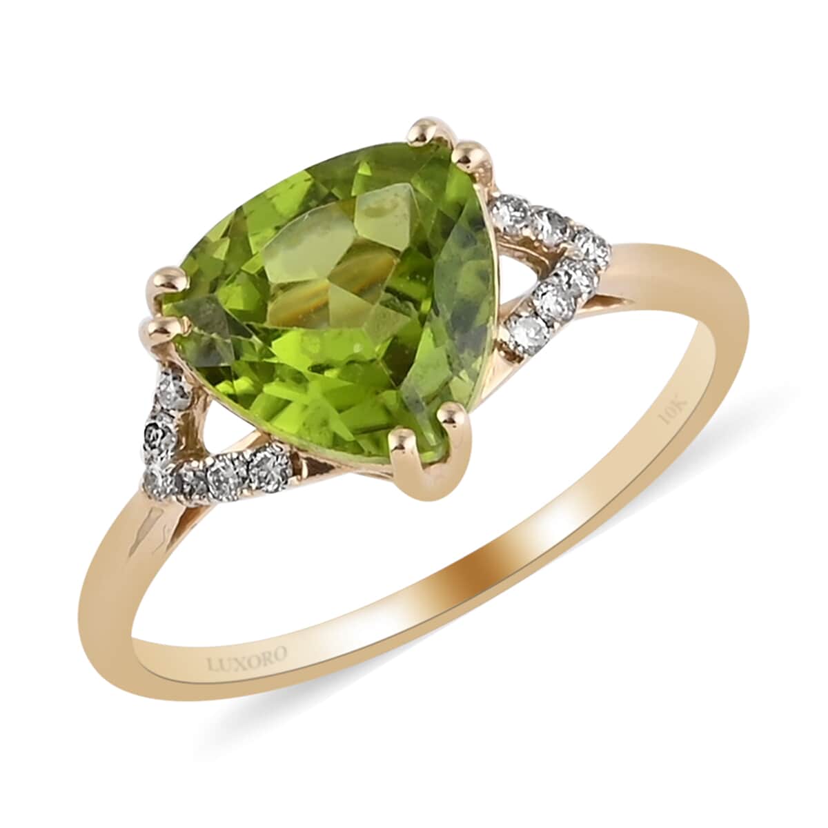 LUXORO 10K Yellow Gold AAA Peridot and G-H I2 Diamond Split Shank Ring (Size 7.0) 2.20 Grams 3.60 ctw image number 0