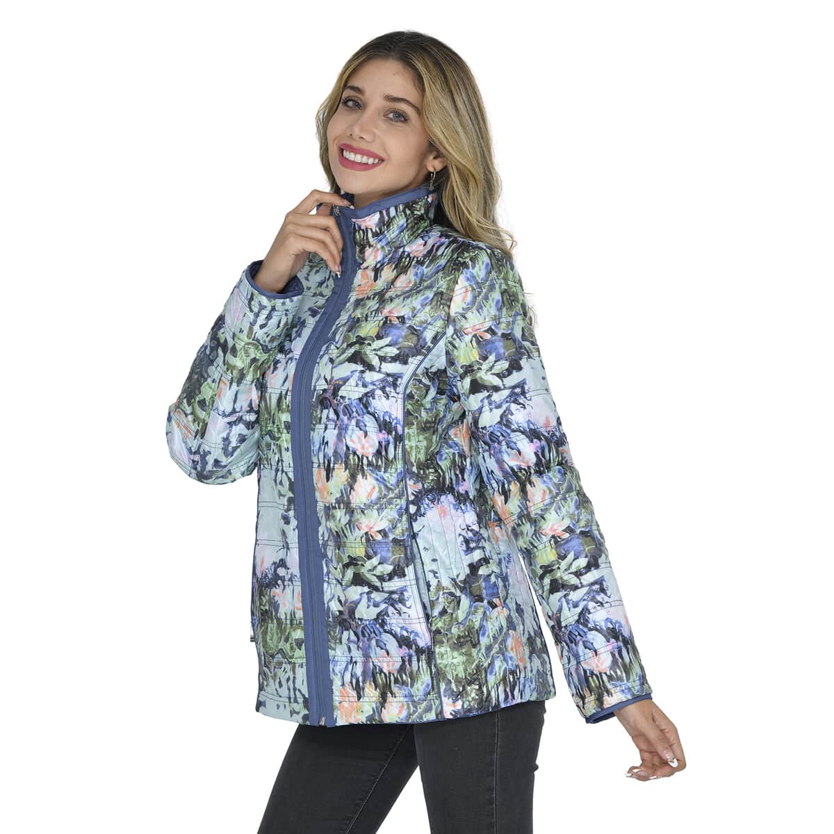 Tamsy Solid Blue & Reversible Flower Print Padded Jacket - Size 8 image number 5