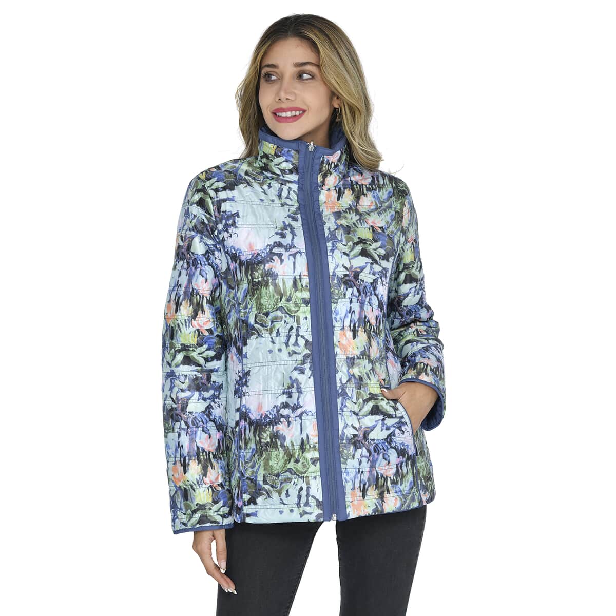 Tamsy Solid Blue & Reversible Flower Print Padded Jacket - Size 10 image number 3