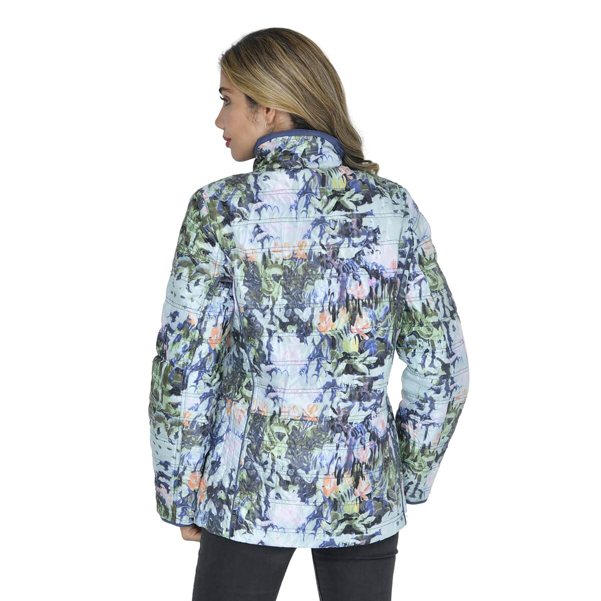 Tamsy Solid Blue & Reversible Flower Print Padded Jacket - Size 10 image number 4