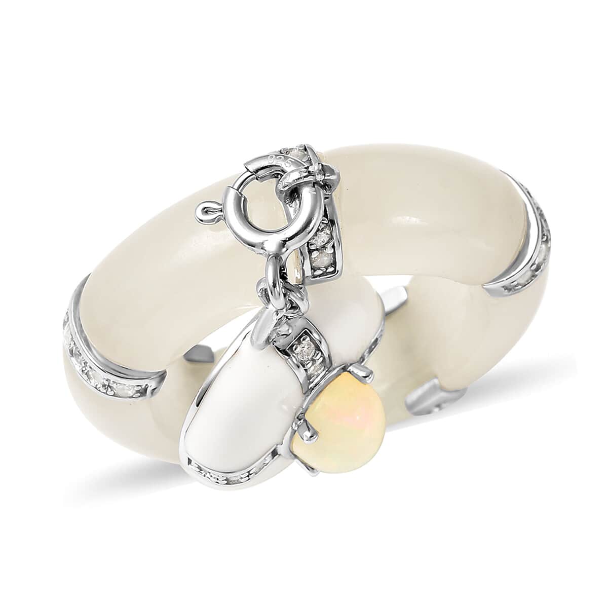 White Jade, Ethiopian Welo Opal and Natural White Zircon Enameled Band Ring with Detachable Charm in Rhodium Over Sterling Silver (Size 10.0) 26.50 ctw image number 0
