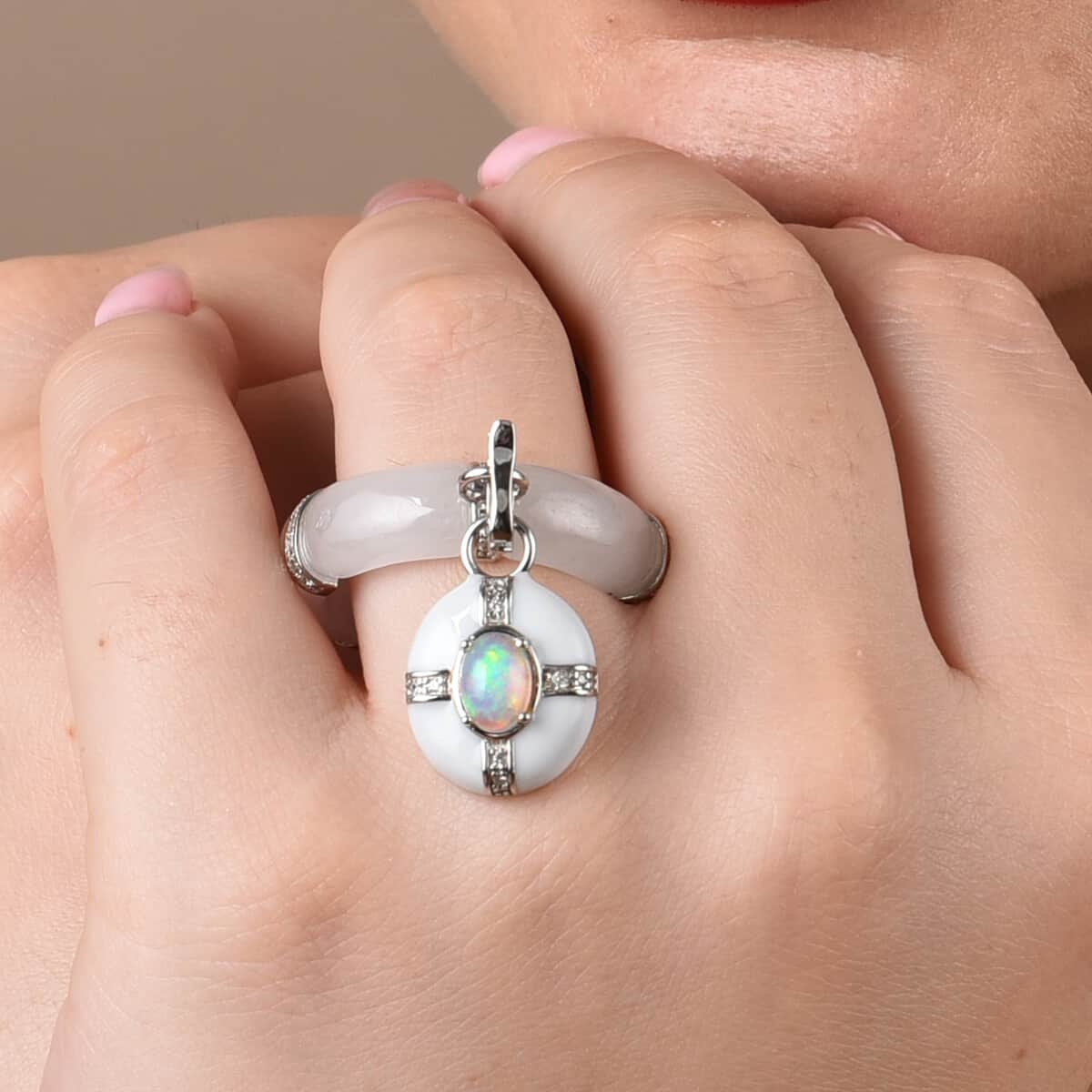 White Jade, Ethiopian Welo Opal and Natural White Zircon Enameled Band Ring with Detachable Charm in Rhodium Over Sterling Silver (Size 10.0) 26.50 ctw image number 2