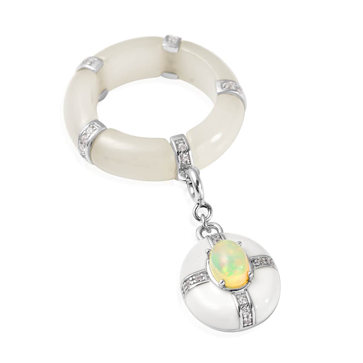 White Jade, Ethiopian Welo Opal and Natural White Zircon Enameled Band Ring with Detachable Charm in Rhodium Over Sterling Silver (Size 10.0) 26.50 ctw image number 4