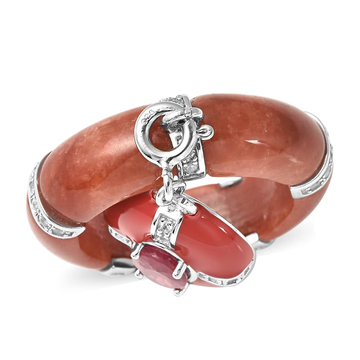 Red Jade, Niassa Ruby and Natural White Zircon Enameled Band Ring with Detachable Charm in Rhodium Over Sterling Silver (Size 7.0) 23.65 ctw image number 0