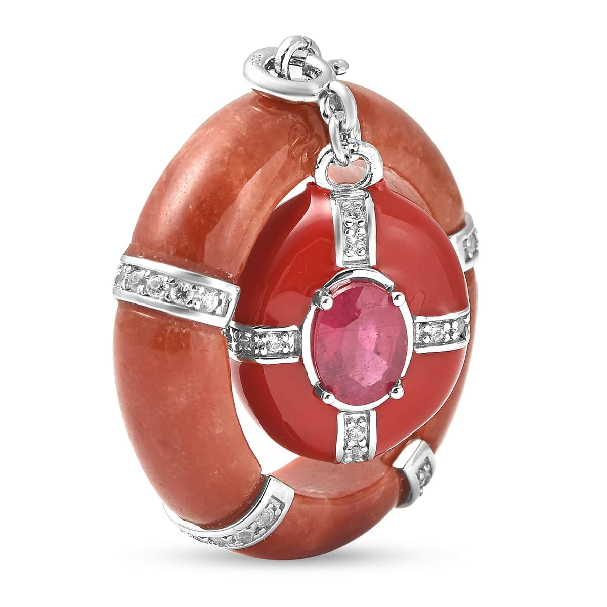 Red Jade, Niassa Ruby and Natural White Zircon Enameled Band Ring with Detachable Charm in Rhodium Over Sterling Silver (Size 7.0) 23.65 ctw image number 3