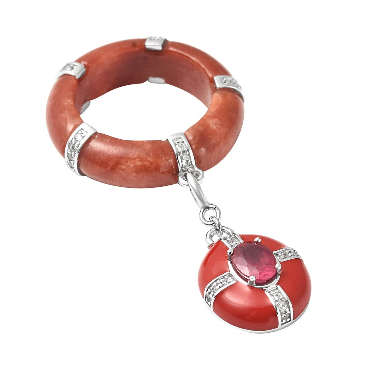 Red Jade, Niassa Ruby and Natural White Zircon Enameled Band Ring with Detachable Charm in Rhodium Over Sterling Silver (Size 7.0) 23.65 ctw image number 4