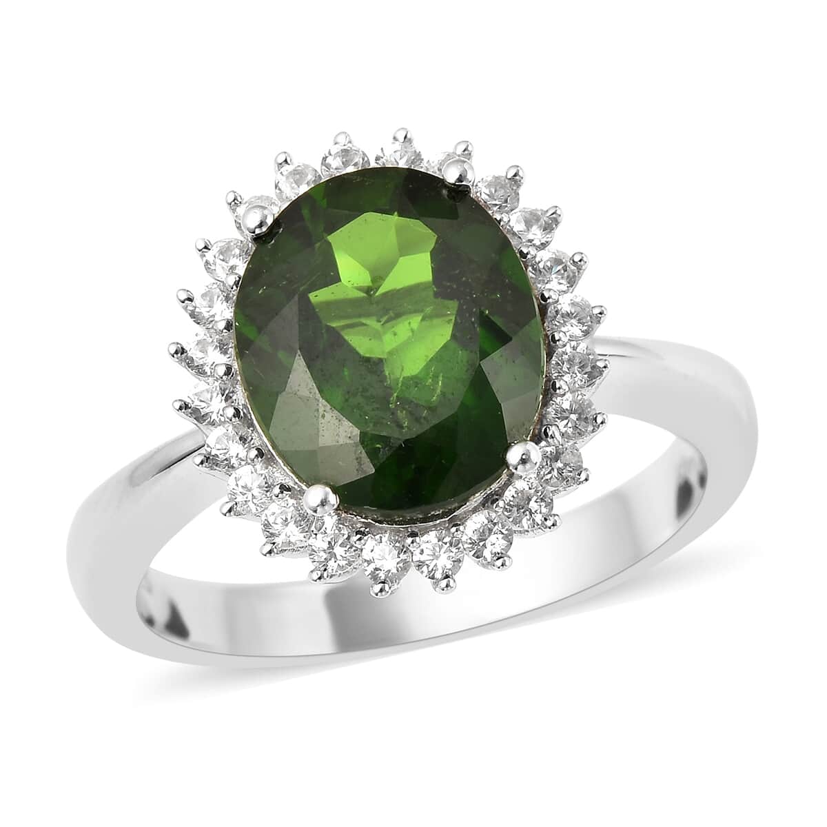 Natural Chrome Diopside and Natural White Zircon Halo Ring in Rhodium Over Sterling Silver (Size 7.0) 4.25 ctw image number 0
