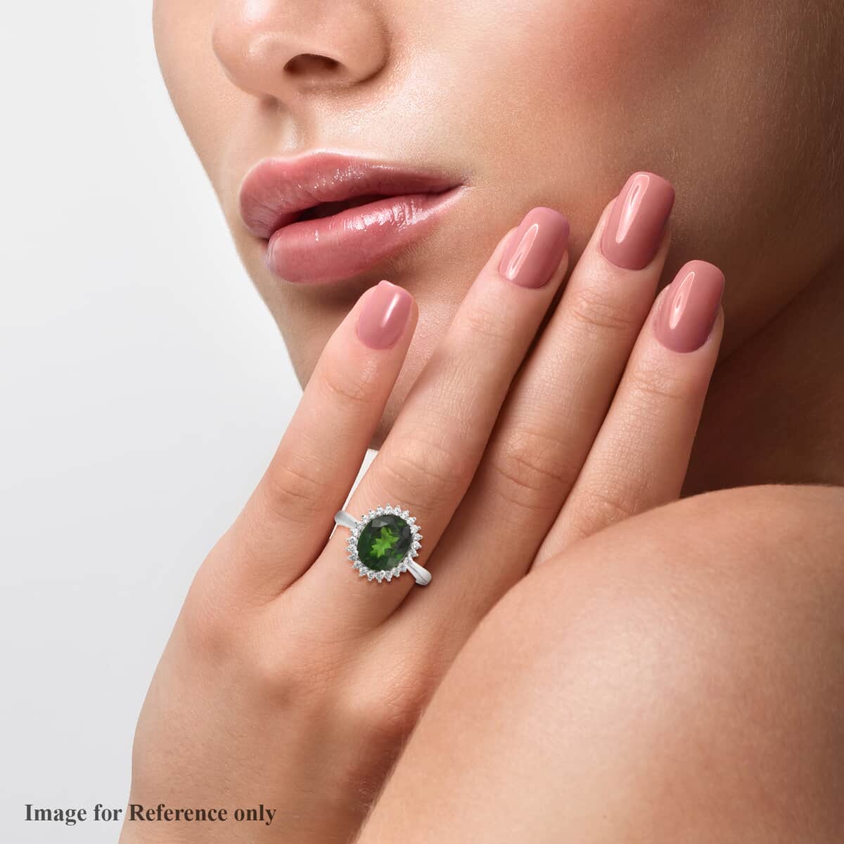 Natural Chrome Diopside and Natural White Zircon Halo Ring in Rhodium Over Sterling Silver (Size 7.0) 4.25 ctw image number 2