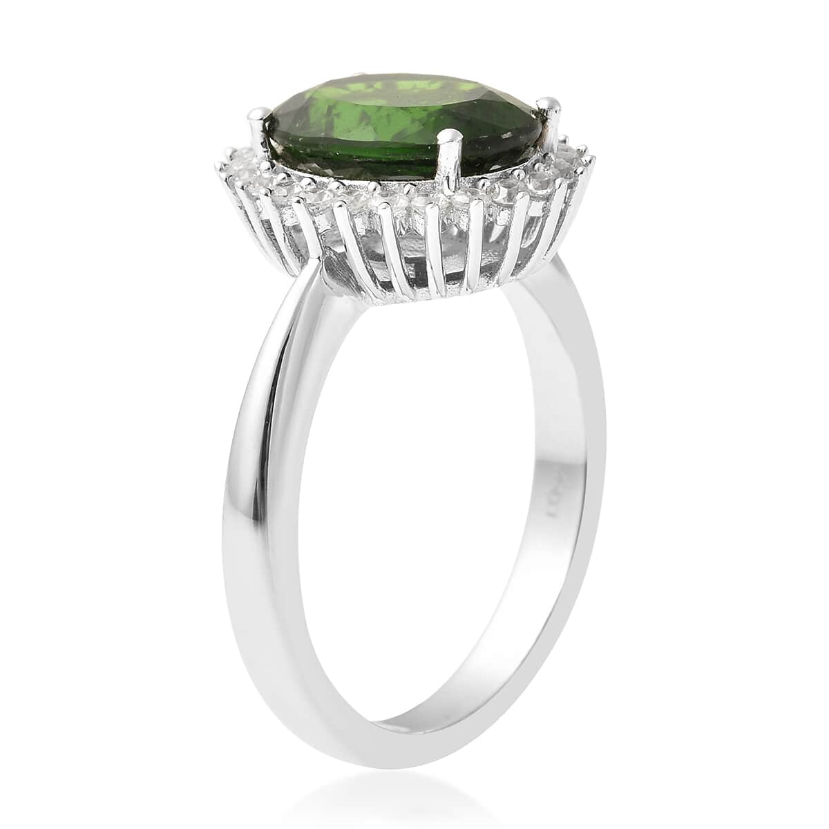 Natural Chrome Diopside and Natural White Zircon Halo Ring in Rhodium Over Sterling Silver (Size 7.0) 4.25 ctw image number 3