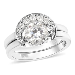 Set of 2 Moissanite Crescent Moon Ring in Rhodium Over Sterling Silver (Size 9.0) 1.30 ctw