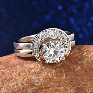 Set of 2 Moissanite Crescent Moon Ring in Rhodium Over Sterling Silver (Size 9.0) 1.30 ctw