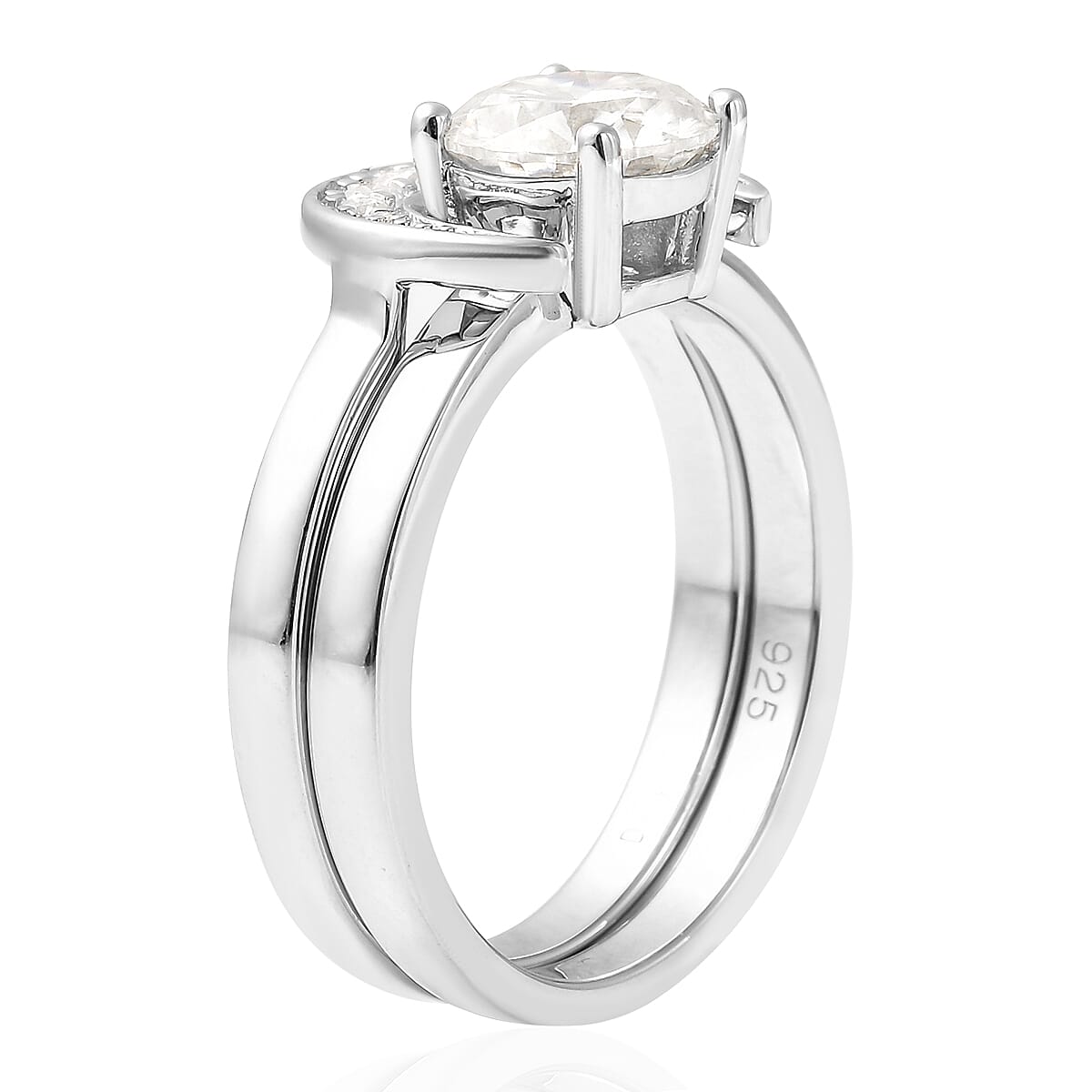 Set of 2 Moissanite Crescent Moon Ring in Rhodium Over Sterling Silver (Size 9.0) 1.30 ctw image number 2