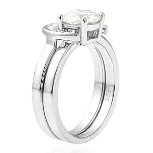 Set of 2 Moissanite Crescent Moon Ring in Rhodium Over Sterling Silver (Size 9.0) 1.30 ctw