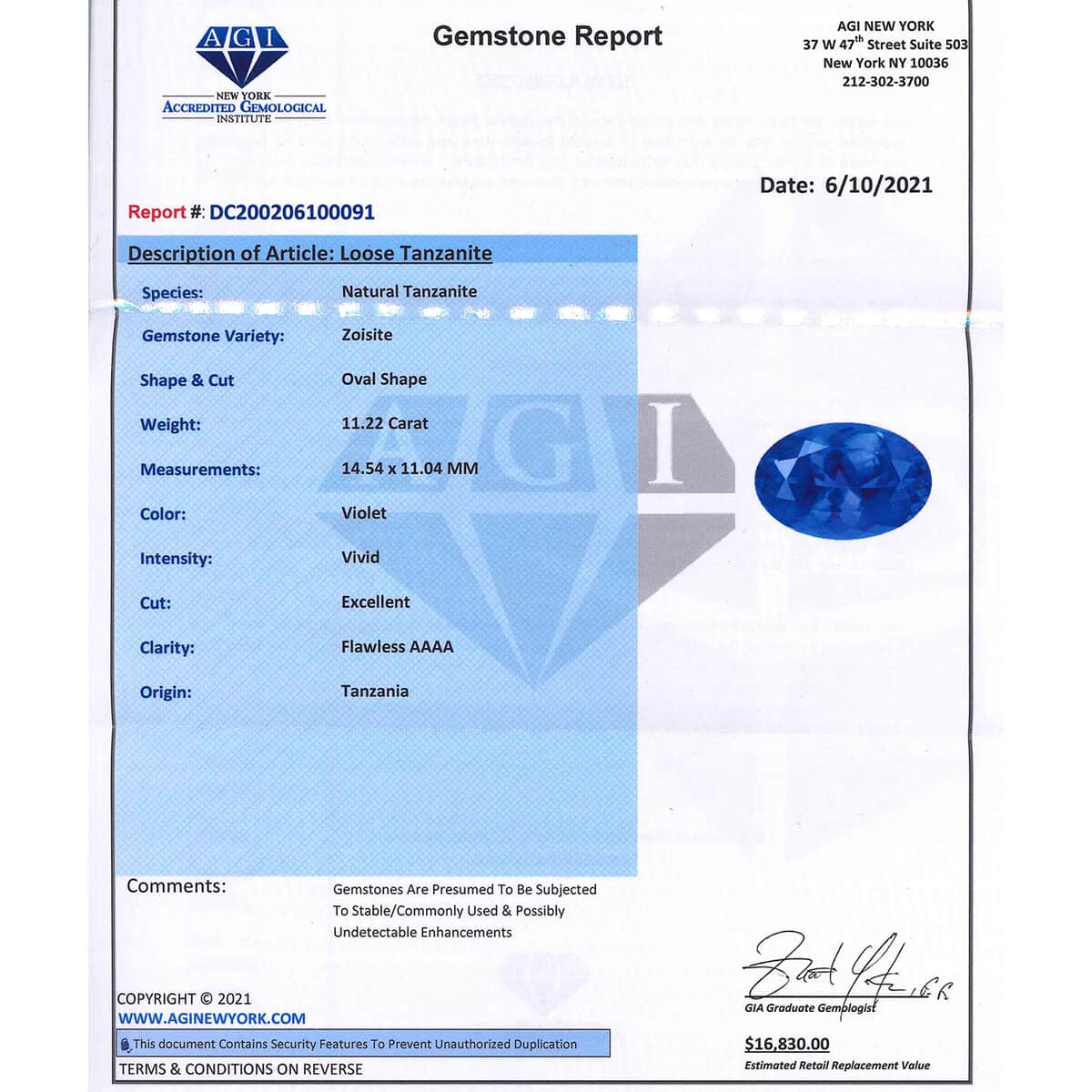 Certified AAAA VIVID Tanzanite (Ovl Free Size) Approx 11.00 ctw image number 3