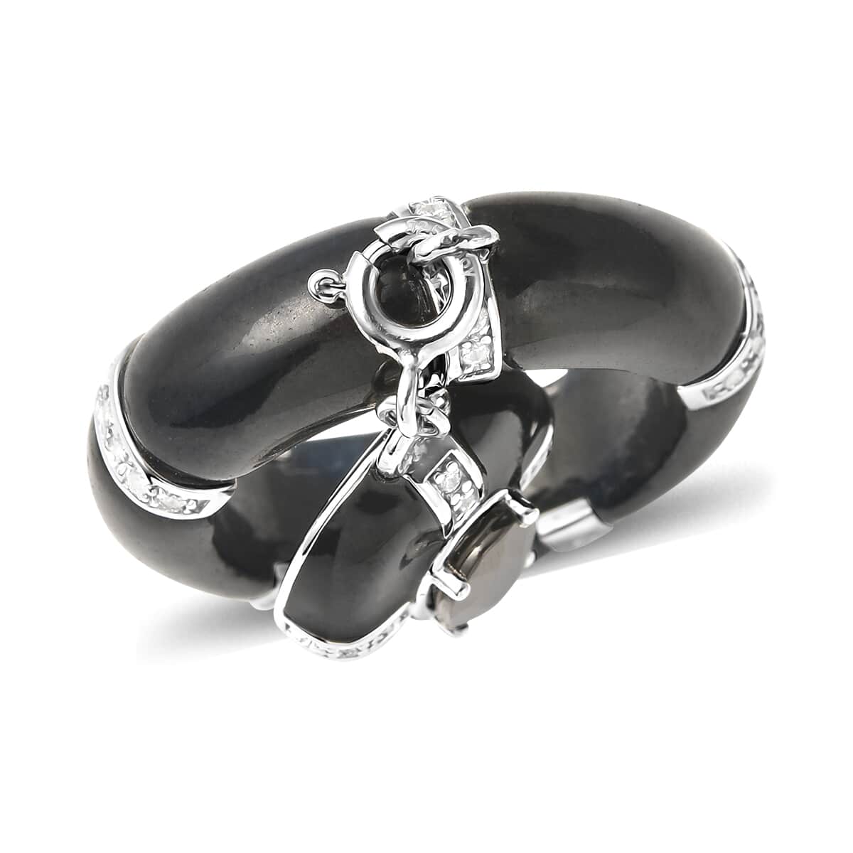 Black Jade, Natural White Zircon and Shungite Enameled Band Ring with Detachable Charm in Rhodium Over Sterling Silver (Size 7.0) 23.00 ctw image number 0