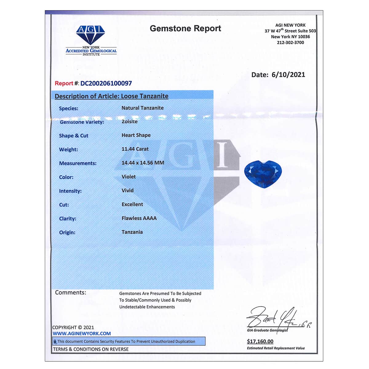 Certified AAAA VIVID Tanzanite (Hrt Free Size) Approx 11.00 ctw image number 3