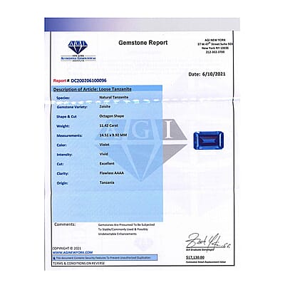 Certified and Appraised AAAA Vivid Tanzanite (Oct Free Size) Approx 11.00 ctw