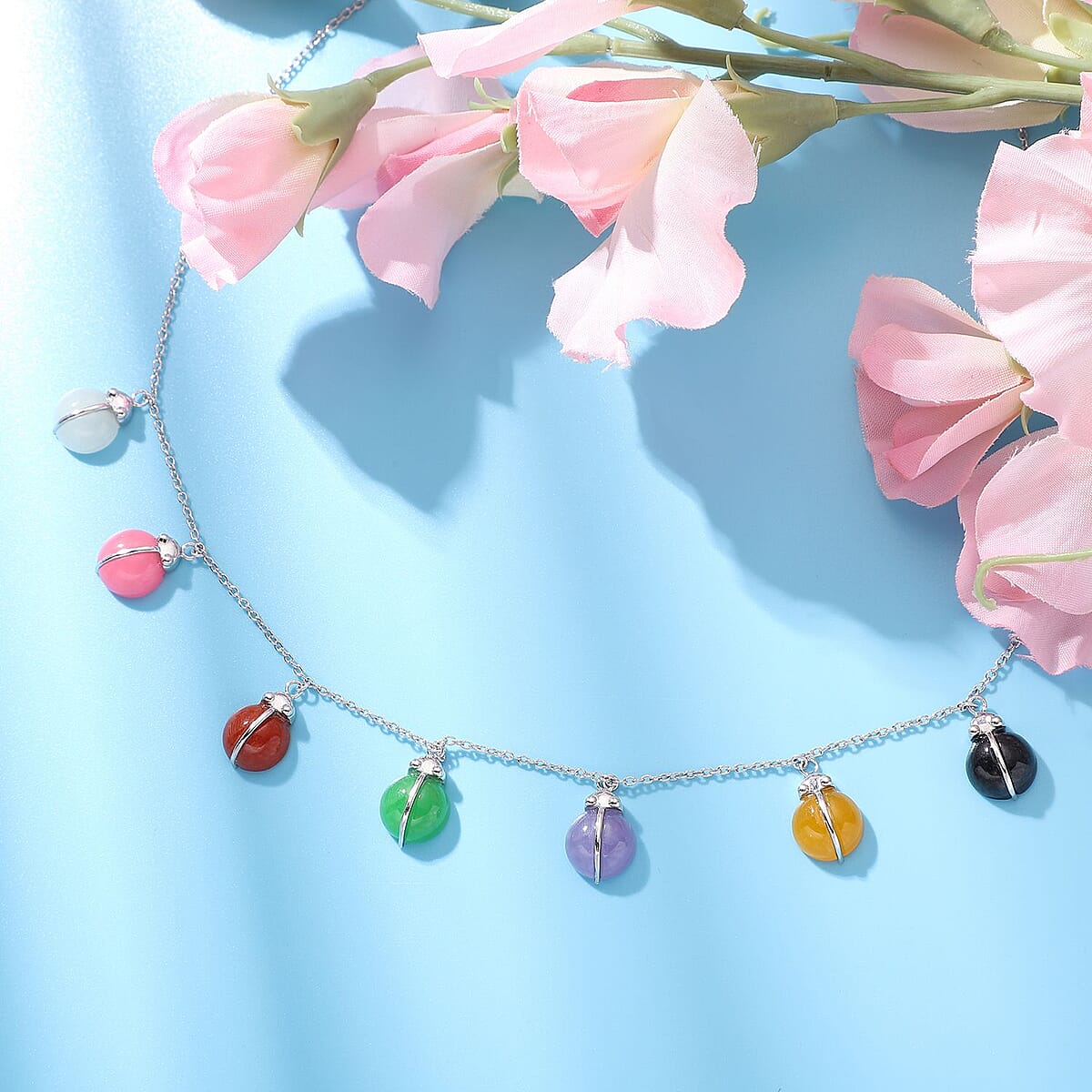 Multi Jade (D) Ladybug Charm Necklace 18 Inches in Rhodium Over Sterling Silver 31.50 ctw image number 1