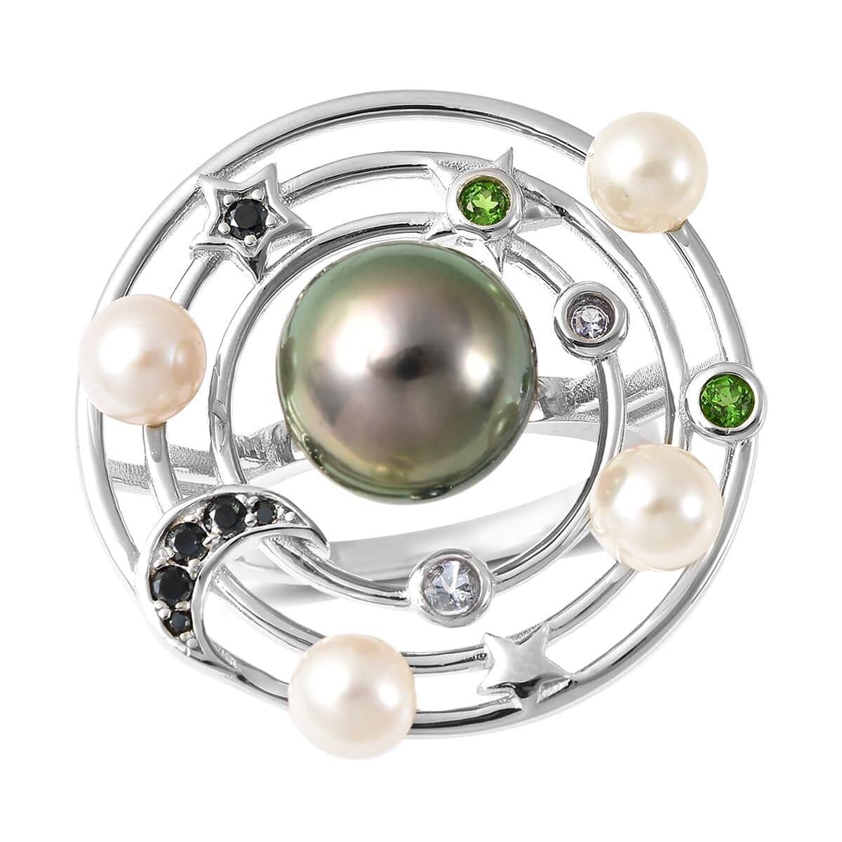 Tahitian Cultured Pearl and Multi Gemstone Celestial Ring in Rhodium Over Sterling Silver (Size 10.0) 0.35 ctw image number 0