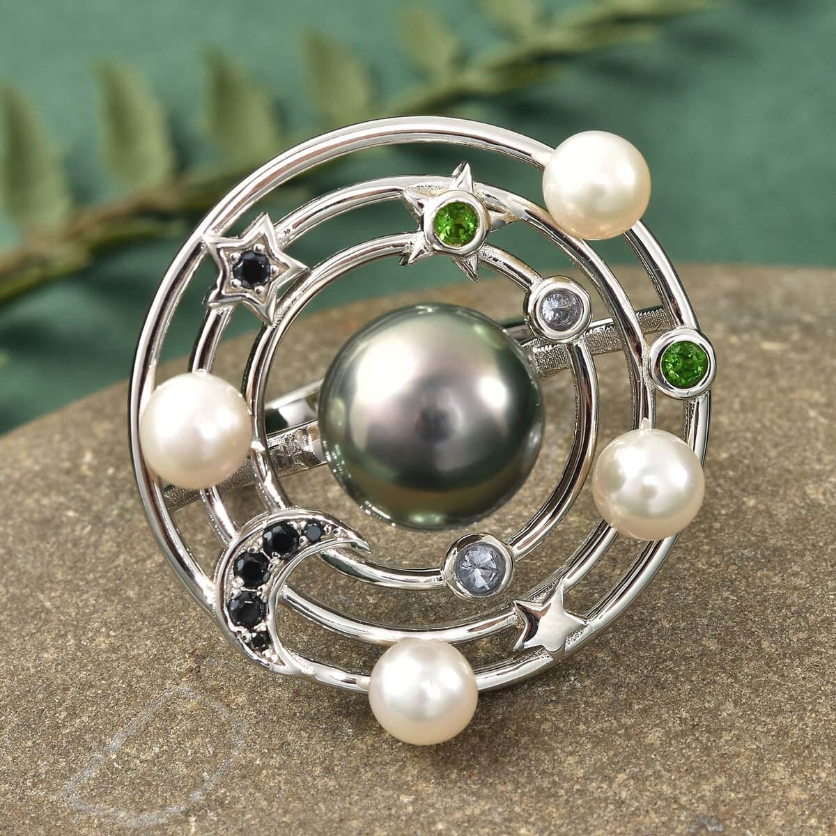 Tahitian Cultured Pearl and Multi Gemstone Celestial Ring in Rhodium Over Sterling Silver (Size 10.0) 0.35 ctw image number 1