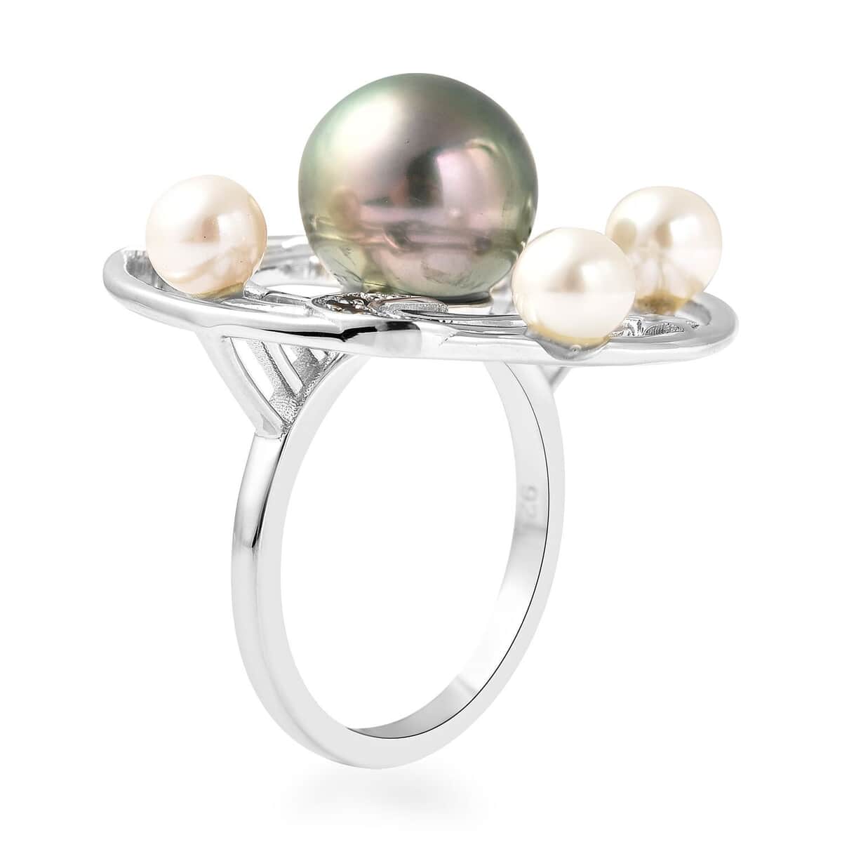 Tahitian Cultured Pearl and Multi Gemstone Celestial Ring in Rhodium Over Sterling Silver (Size 10.0) 0.35 ctw image number 3