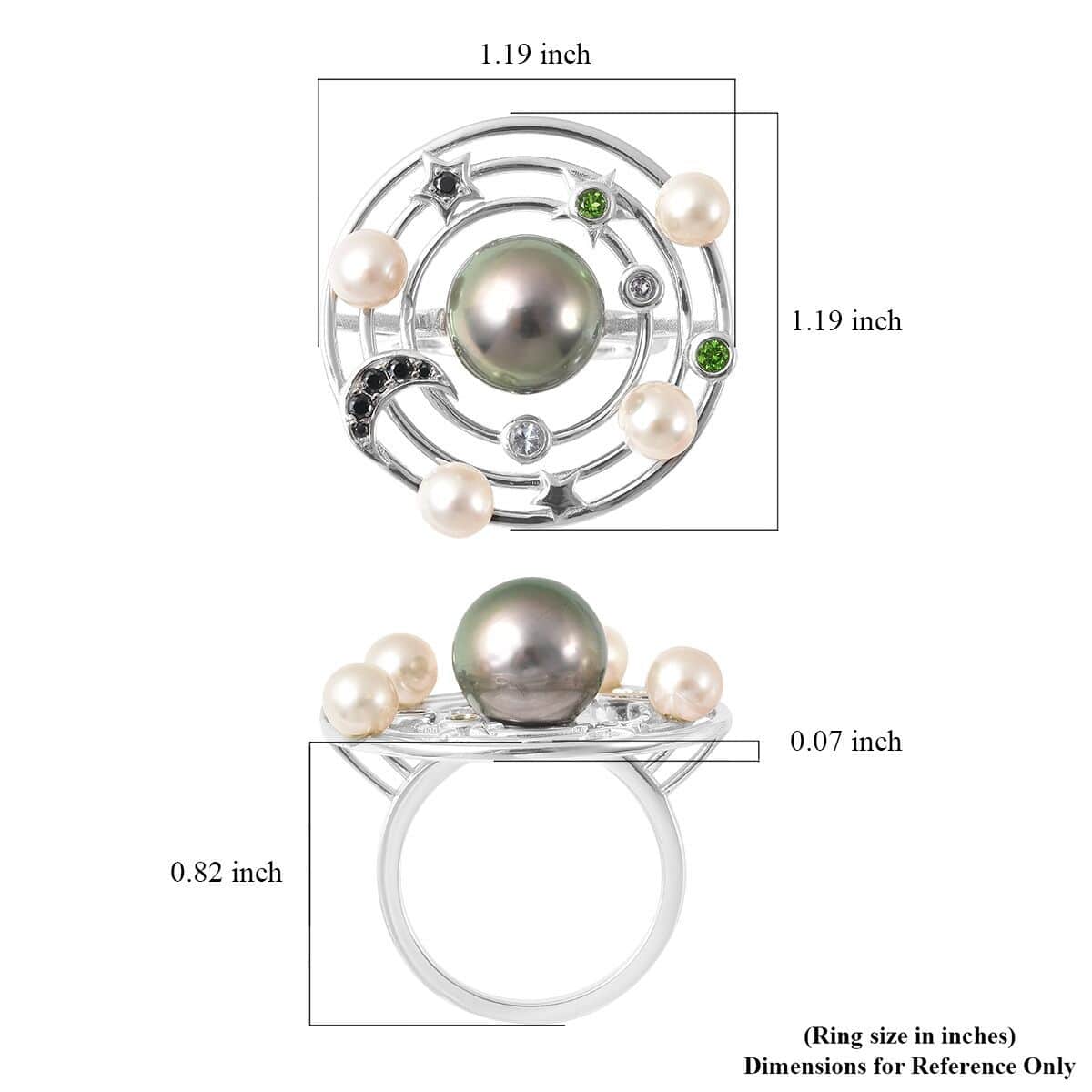 Tahitian Cultured Pearl and Multi Gemstone Celestial Ring in Rhodium Over Sterling Silver (Size 10.0) 0.35 ctw image number 5