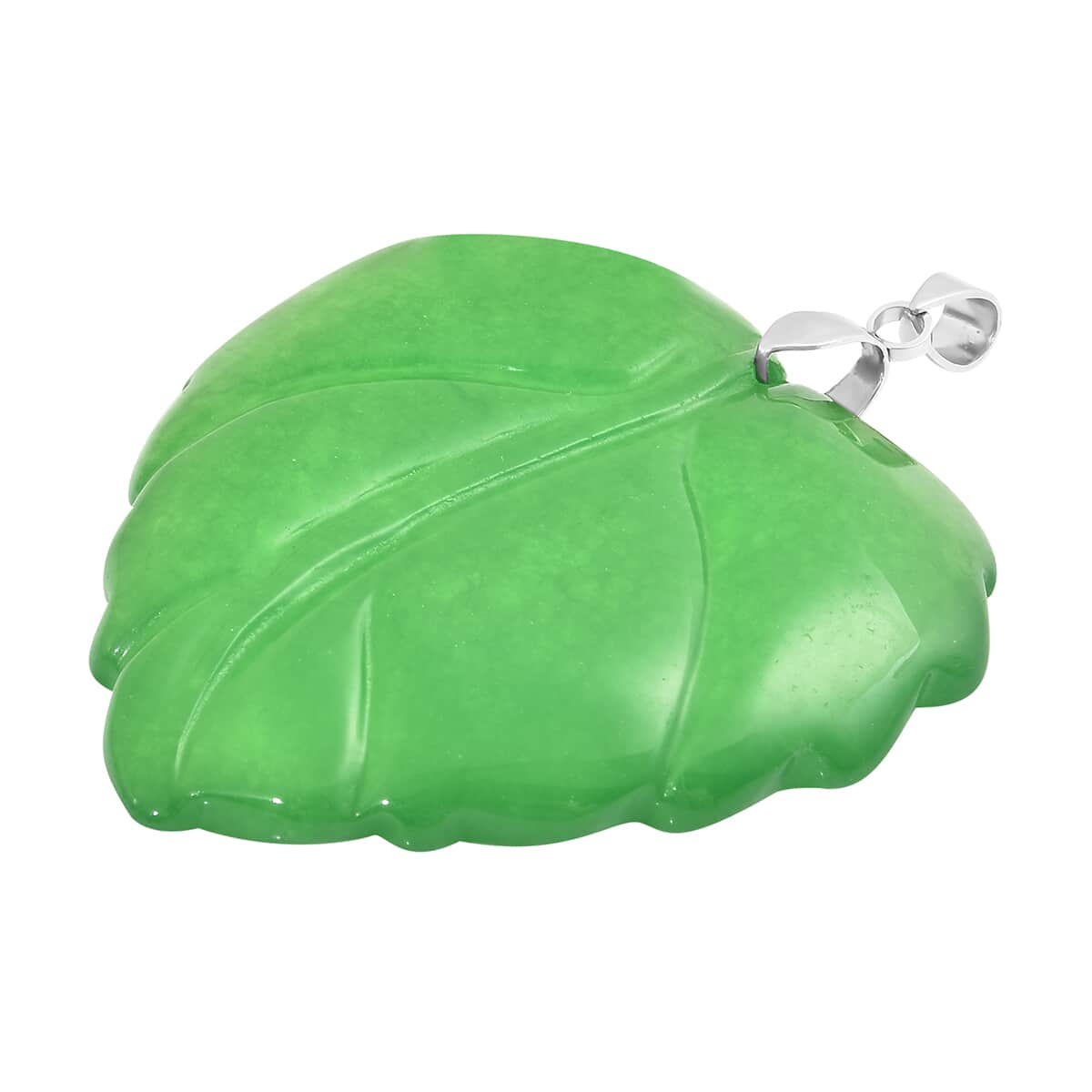 Green Quartz Carved Leaf Pendant in Stainless Steel 131.50 ctw image number 2