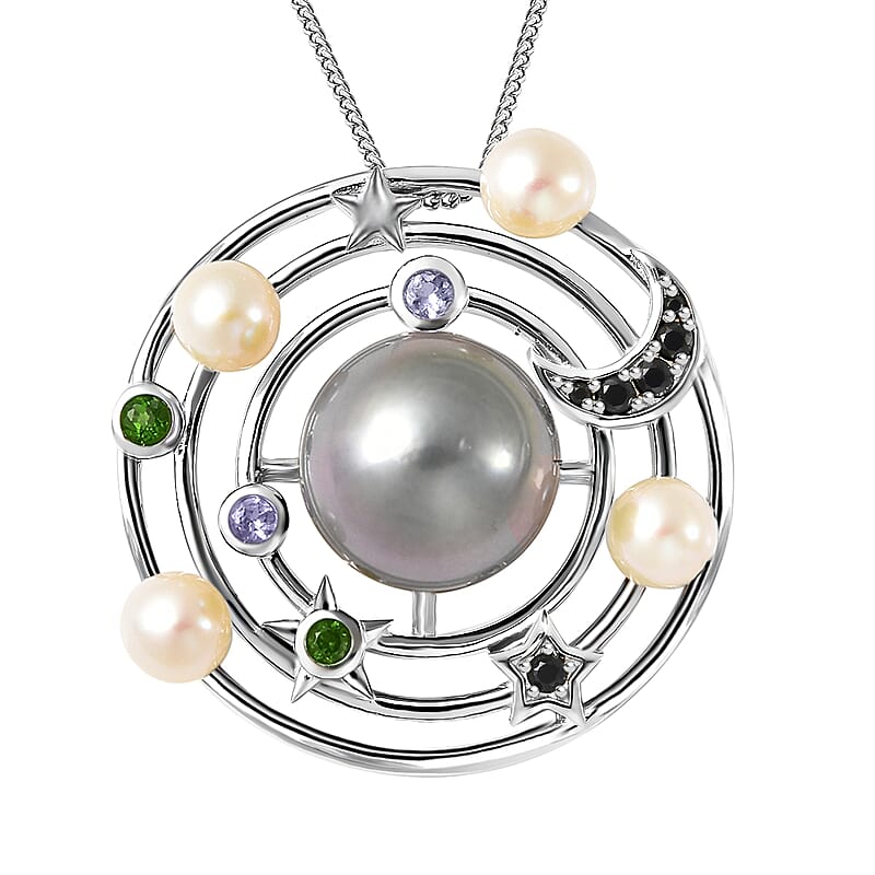 Tahitian Black Pearl Pendant Necklace , Multi Gemstone Pendant Necklace For Women , Sterling Silver Necklace , Solar System Pendant Necklace, Princess Length Necklace 18 Inches
