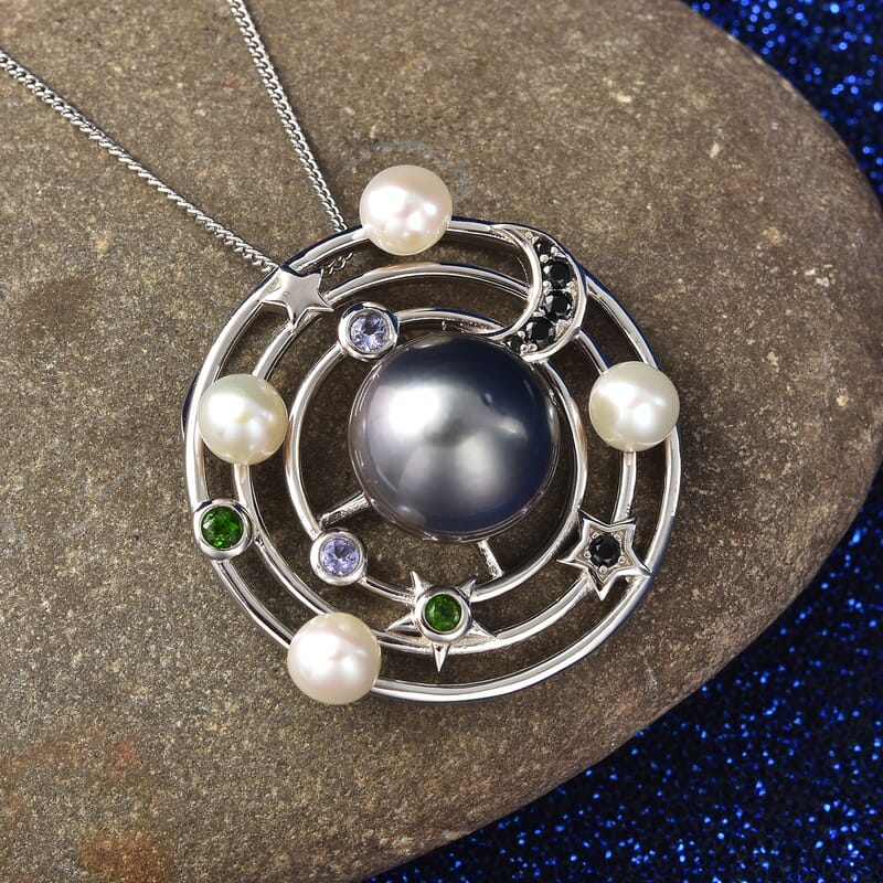 Tahitian Black Pearl Pendant Necklace , Multi Gemstone Pendant Necklace For Women , Sterling Silver Necklace , Solar System Pendant Necklace, Princess Length Necklace 18 Inches
