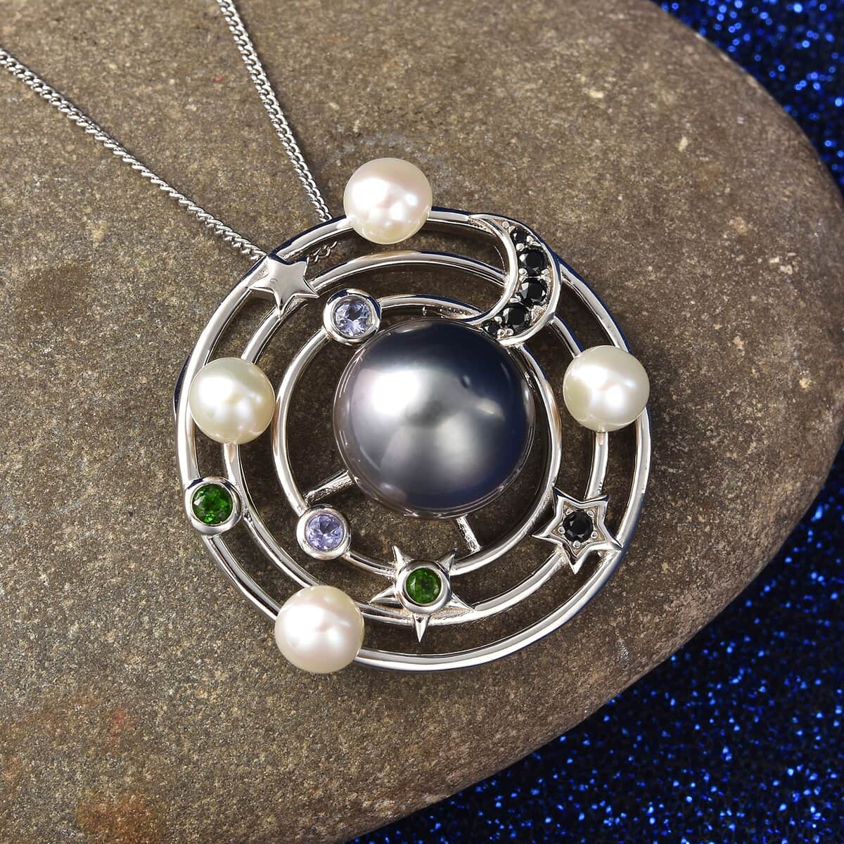 Tahitian Black Pearl Pendant Necklace , Multi Gemstone Pendant Necklace For Women , Sterling Silver Necklace , Solar System Pendant Necklace, Princess Length Necklace 18 Inches image number 1
