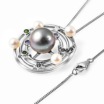 Tahitian Black Pearl Pendant Necklace , Multi Gemstone Pendant Necklace For Women , Sterling Silver Necklace , Solar System Pendant Necklace, Princess Length Necklace 18 Inches