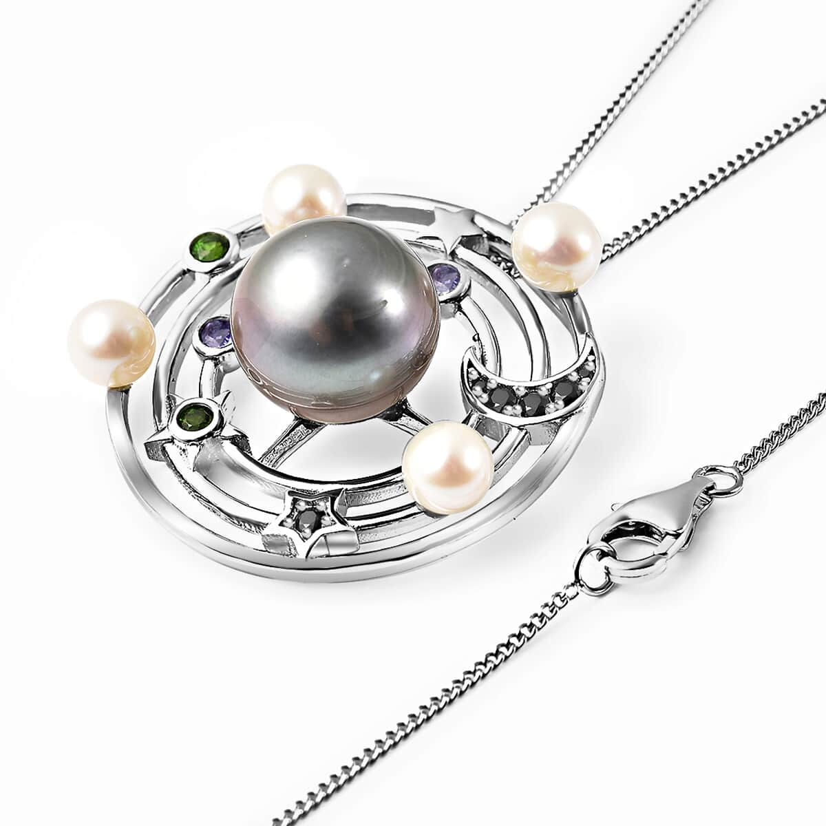 Tahitian Black Pearl Pendant Necklace , Multi Gemstone Pendant Necklace For Women , Sterling Silver Necklace , Solar System Pendant Necklace, Princess Length Necklace 18 Inches image number 3
