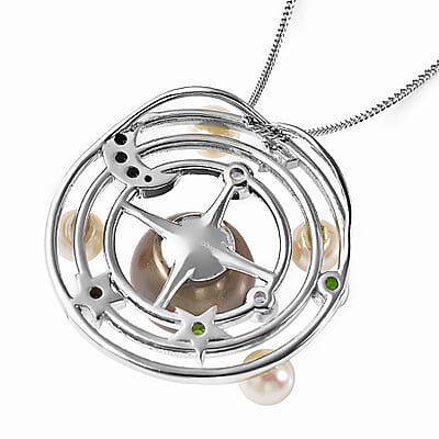 Tahitian Black Pearl Pendant Necklace , Multi Gemstone Pendant Necklace For Women , Sterling Silver Necklace , Solar System Pendant Necklace, Princess Length Necklace 18 Inches