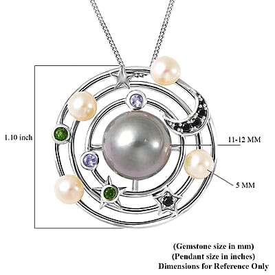 Tahitian Black Pearl Pendant Necklace , Multi Gemstone Pendant Necklace For Women , Sterling Silver Necklace , Solar System Pendant Necklace, Princess Length Necklace 18 Inches