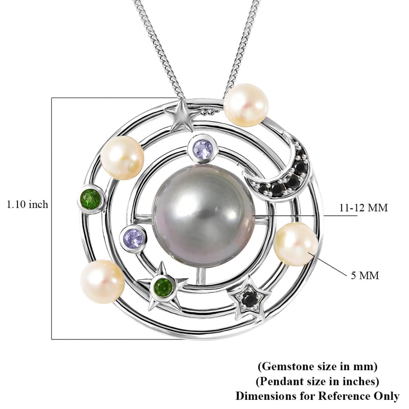 Tahitian Black Pearl Pendant Necklace , Multi Gemstone Pendant Necklace For Women , Sterling Silver Necklace , Solar System Pendant Necklace, Princess Length Necklace 18 Inches
