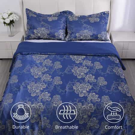 Homesmart Blue Satin Jacquard Damask Pattern Comforter Set - 1 Comforter and 2 Pillowcases (Queen Size) image number 1