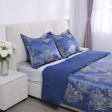 Homesmart Blue Satin Jacquard Damask Pattern Comforter Set - 1 Comforter and 2 Pillowcases (Queen Size) image number 4
