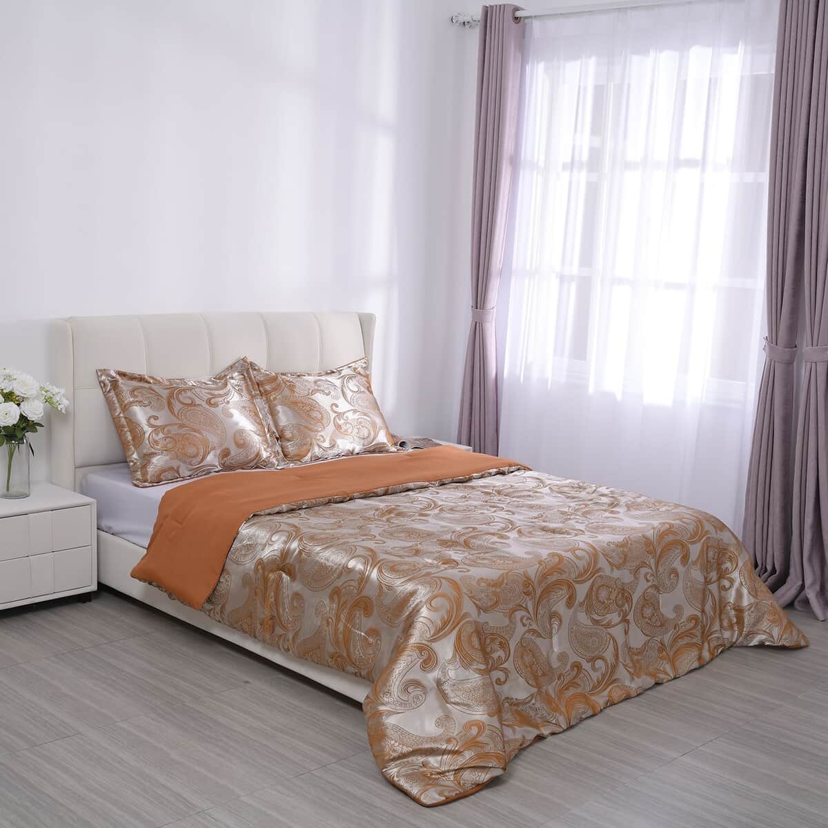 Homesmart Golden Satin Jacquard Floral Pattern Comforter Set - 1 Comforter and 2 Pillowcases (Queen Size) image number 0