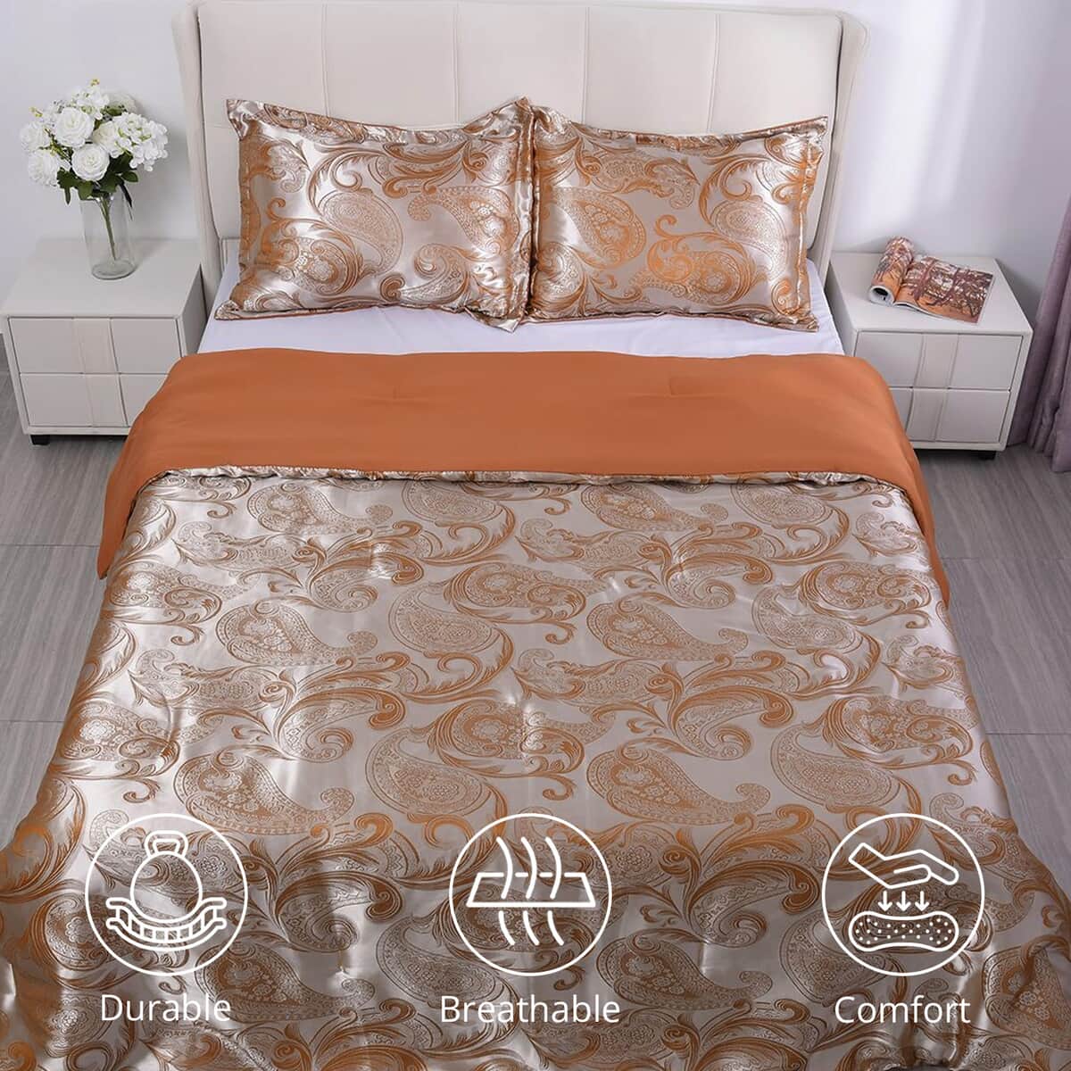 Homesmart Golden Satin Jacquard Floral Pattern Comforter Set - 1 Comforter and 2 Pillowcases (Queen Size) image number 1